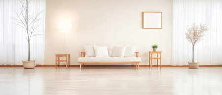 A bright and airy living room features a simple white sofa with cushions small wooden tables and potted plants. Large windows allow natural light to fill the space creating a tranquil atmosphere.の素材