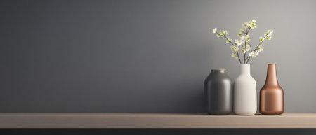 Three stylish vases in muted tones are positioned on a wooden shelf each holding delicate flowers. The gray wall backdrop adds a modern touch to the serene display creating a tranquil atmosphere.の素材