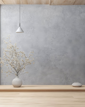 A serene interior showcases a light wooden platform featuring a simple vase filled with delicate blossoms. Soft gray walls and warm wooden accents create a calming atmosphere.の素材