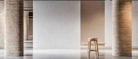 A spacious interior features cylindrical pillars neutral-colored walls and a simple wooden stool. The design emphasizes minimalism and open space creating a calming atmosphere.の素材