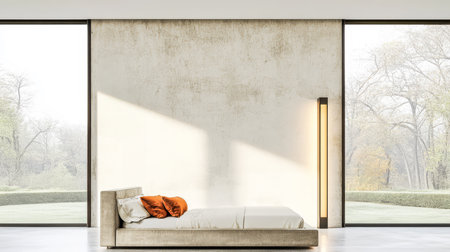 A spacious bedroom features a sleek bed adorned with orange pillows large windows allowing natural light and a serene outdoor view of trees and greenery in the background.の素材