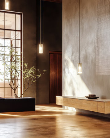 Open living area showcases minimalist decor with warm wood flooring soft lighting and a zen-inspired plant arrangement. The combination promotes tranquility and relaxation.の素材