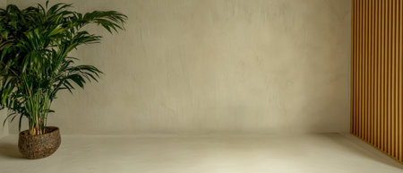 A modern interior space featuring a lush potted plant beside a textured wall. Natural light enhances the serene atmosphere creating a calm and refreshing environment.の素材