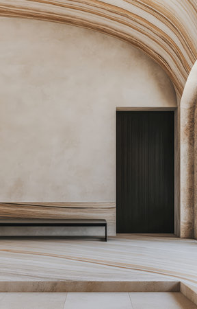 A spacious interior showcases smooth curved walls a contrasting black door and a simple bench enhancing the tranquil atmosphere of the environment. Natural light highlights the clean lines.の素材