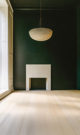 An elegant room showcases a striking chandelier hanging from the ceiling above a simple white fireplace.の素材