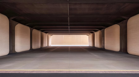 This space features a vast corridor with textured walls in warm tones. Natural light floods through the open end enhancing the minimalist aesthetic. The design promotes a sense of calm.の素材