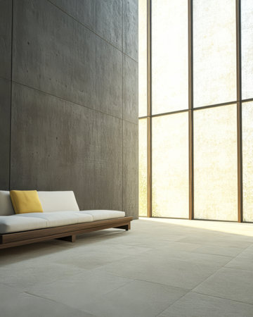 A spacious living room featuring a sleek white sofa with a yellow cushion against a concrete wall. Large windows allow natural light to flood the area creating a serene atmosphere.の素材
