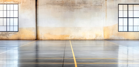Bright and spacious industrial area features a polished concrete floor with yellow lines. Large windows illuminate the walls making it ideal for workshops or events in an urban setting.の素材