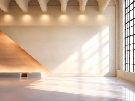 A contemporary space features a large window allowing abundant natural light to illuminate the clean lines and minimalist design of the room. Warm wood accents add a touch of elegance.の素材