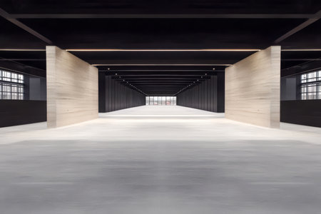 Clean lines and minimalist features define this modern interior space. The open area showcases a long corridor with smooth concrete flooring and elegant lighting creating a tranquil atmosphere.の素材
