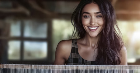 A woman stands in a rustic workshop smiling warmly while working on a weaving project. Her long hair cascades over her shoulders and sunlight filters through the windows.の素材