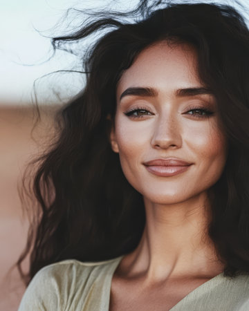 A young woman with long wavy hair smiles warmly as sunlight highlights her features. She stands against a soft blurred background of sandy desert hues during the enchanting golden hour.の素材