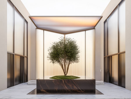 A striking indoor space showcases a central tree planted on a raised platform. The minimalist design is enhanced by tall glass walls and a sleek polished surface creating a calm atmosphere.の素材