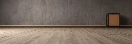 A spacious and minimalist room features a smooth wooden floor and a plain light-toned wall. A small modern furniture piece is positioned against the wall enhancing the simplicity of the space.の素材