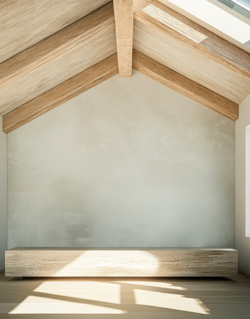 Bright and airy interior showcasing a spacious room with wooden beams and a light wooden bench. Sunlight streams in through large windows creating a warm atmosphere perfect for relaxation.の素材