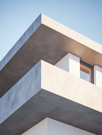 This building highlights contemporary architecture with smooth concrete lines and large overhanging eaves. Natural light streams in through the expansive windows creating a serene atmosphere.の素材