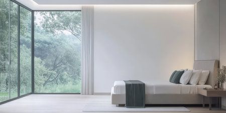 Bright and airy bedroom features a spacious layout with large glass windows revealing a peaceful view of trees. Soft colors and minimal design create a tranquil atmosphere for relaxation.の素材