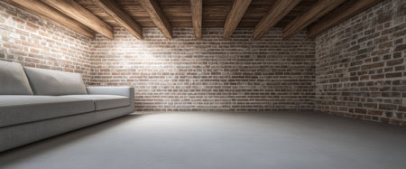 A spacious living room features exposed brick walls and wooden ceiling beams. A simple gray sofa is placed against one wall creating a cozy and inviting atmosphere.の素材