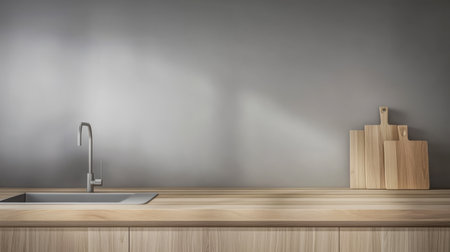A sleek kitchen showcases a wooden countertop with a stainless steel sink and cutting boards. The gray wall enhances the clean minimalist aesthetic ideal for contemporary cooking spaces.の素材