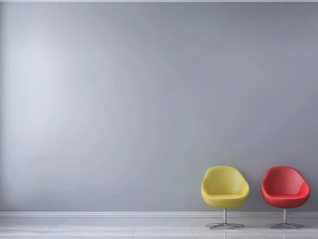 Bright yellow and red chairs sit side by side in a spacious room with a smooth gray wall. Natural light brightens the space enhancing the minimalist design and soft lines of the furniture.の素材