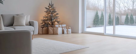 A warm and inviting living room features a decorated Christmas tree beside a large window.の素材
