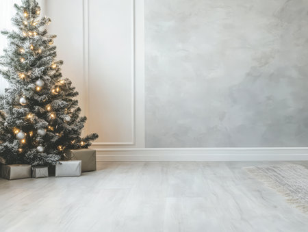 A beautifully decorated Christmas tree sits in a bright indoor space adorned with twinkling lights and silver ornaments. Beneath the tree neatly wrapped gifts await.の素材