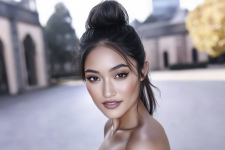 A young woman stands confidently outdoors showcasing her flawless makeup and simple yet chic hairstyle. The background features striking architecture in a sunny urban environment.の素材