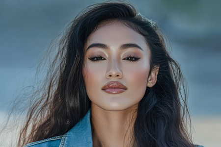 A woman with long wavy hair gazes confidently at the camera with a serene expression. She is outdoors illuminated by soft natural light creating a captivating atmosphere.の素材