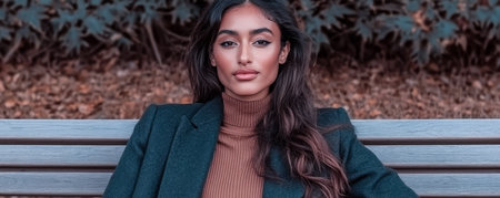 A woman sits confidently on a park bench dressed in a stylish outfit with a turtleneck. She gazes directly at the viewer surrounded by lush green foliage reflecting a calm atmosphere.の素材