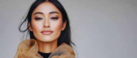 A woman showcases her striking features with elegant makeup and a fashionable outfit. She exudes confidence with a captivating smile while posing against a soft backdrop.の素材