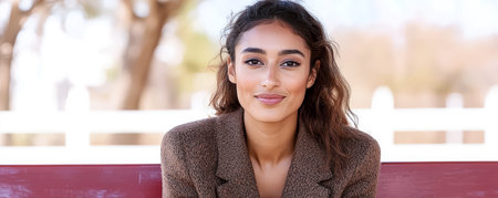 A woman with curly hair smiles confidently while sitting on a bench in a sunny location. She wears a fashionable brown blazer and her relaxed demeanor suggests a comfortable moment outdoors.の素材