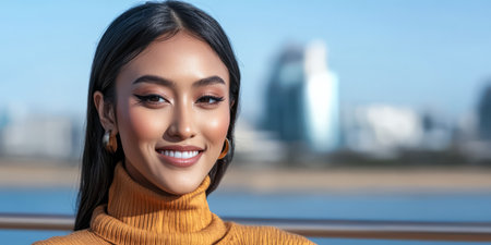 A woman with long black hair smiles confidently while wearing a stylish turtleneck sweater. The bright blue sky and city skyline can be seen in the background adding to the vibrant atmosphere.の素材