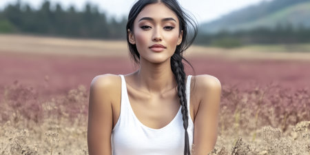 A woman with long braided hair sits calmly in a field filled with colorful flowers. The landscape features rolling hills and a clear sky creating a serene atmosphere in warm daylight.の素材