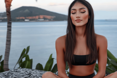 A young woman is meditating peacefully on a patterned blanket by the waters edge. The sun sets casting a warm glow over the tranquil scene surrounded by lush green plants.の素材