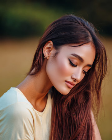A young woman with long flowing hair quietly reflects in a serene outdoor environment surrounded by soft greenery. The sun sets gently behind her casting a warm glow.の素材