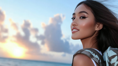 A young woman stands on the beach smiling as she gazes toward the horizon. The sun sets casting warm colors across the sky and reflecting on the oceans surface.の素材