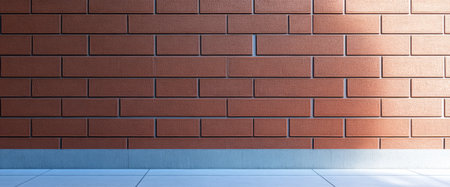 A sturdy brick wall showcases a warm reddish-brown hue illuminated by soft natural light. Below a smooth light-colored tile floor complements the wall creating an inviting atmosphere.の素材
