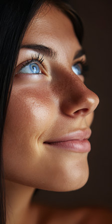 A woman with striking blue eyes and a gentle smile gazes upward. Her skin has a natural glow and she seems to find joy in the warmth of the moment. Soft light enhances her features indoors.の素材