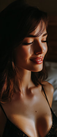 A woman closes her eyes basking in soft light while sitting indoors. Her expression shows serenity and peacefulness creating a calm atmosphere in a cozy room.の素材