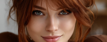 A young woman with vibrant red hair and captivating blue eyes poses in a warm inviting atmosphere. She has a subtle smile and her relaxed demeanor suggests comfort and confidence.の素材