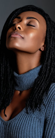A confident woman gazes upward with a serene expression showcasing her natural hair. She wears a stylish blue sweater and stands against a neutral backdrop exuding grace and poise.の素材