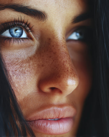 A woman gazes thoughtfully with captivating blue eyes and a sprinkle of freckles across her nose. Her long dark hair frames her face softly adding to her natural beauty.の素材
