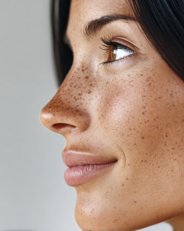 A young woman with prominent freckles smiles quietly while looking to the side. Her expressive features highlight the natural beauty and joy present in her demeanor.の素材