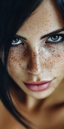 A young woman gazes directly into the camera showcasing her unique freckles and captivating eyes. The soft natural light highlights her features creating a warm and inviting atmosphere.の素材