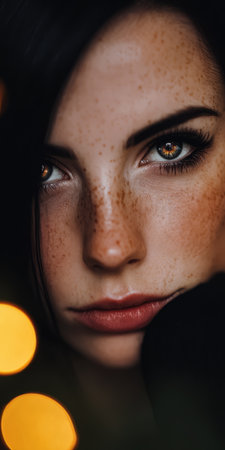 A woman with striking freckles and deep eyes gazes thoughtfully into the distance captured against a backdrop of soft warm lights creating an intimate and reflective mood.の素材