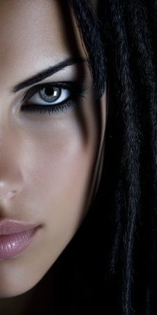 A woman with captivating gray eyes gazes directly at the camera. Her dark dreadlocks frame her face highlighting her bold makeup and smooth skin.の素材