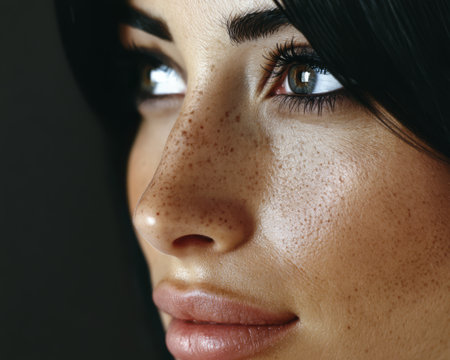 A woman with prominent freckles gazes thoughtfully to the side showcasing her stunning features and natural beauty. Her expressive eyes reflect a sense of contemplation and poise.の素材