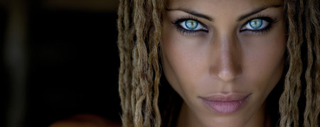 A woman with dreadlocks gazes intensely showcasing her captivating blue eyes. The soft lighting enhances her features creating a dramatic and artistic effect.の素材