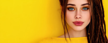 A young model stands confidently in front of a bright yellow backdrop. Her skin has a radiant glow complemented by striking eye makeup in vivid shades of yellow.の素材