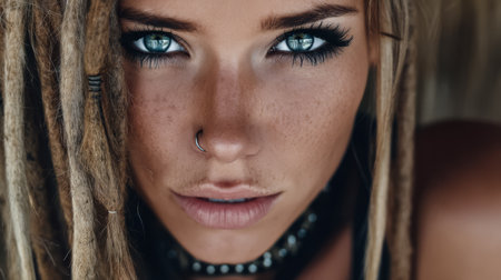 A young woman with long dreadlocks gazes intensely into the camera. Her captivating blue eyes and freckles highlight her natural beauty. She wears a simple necklace creating a striking visual impact.の素材